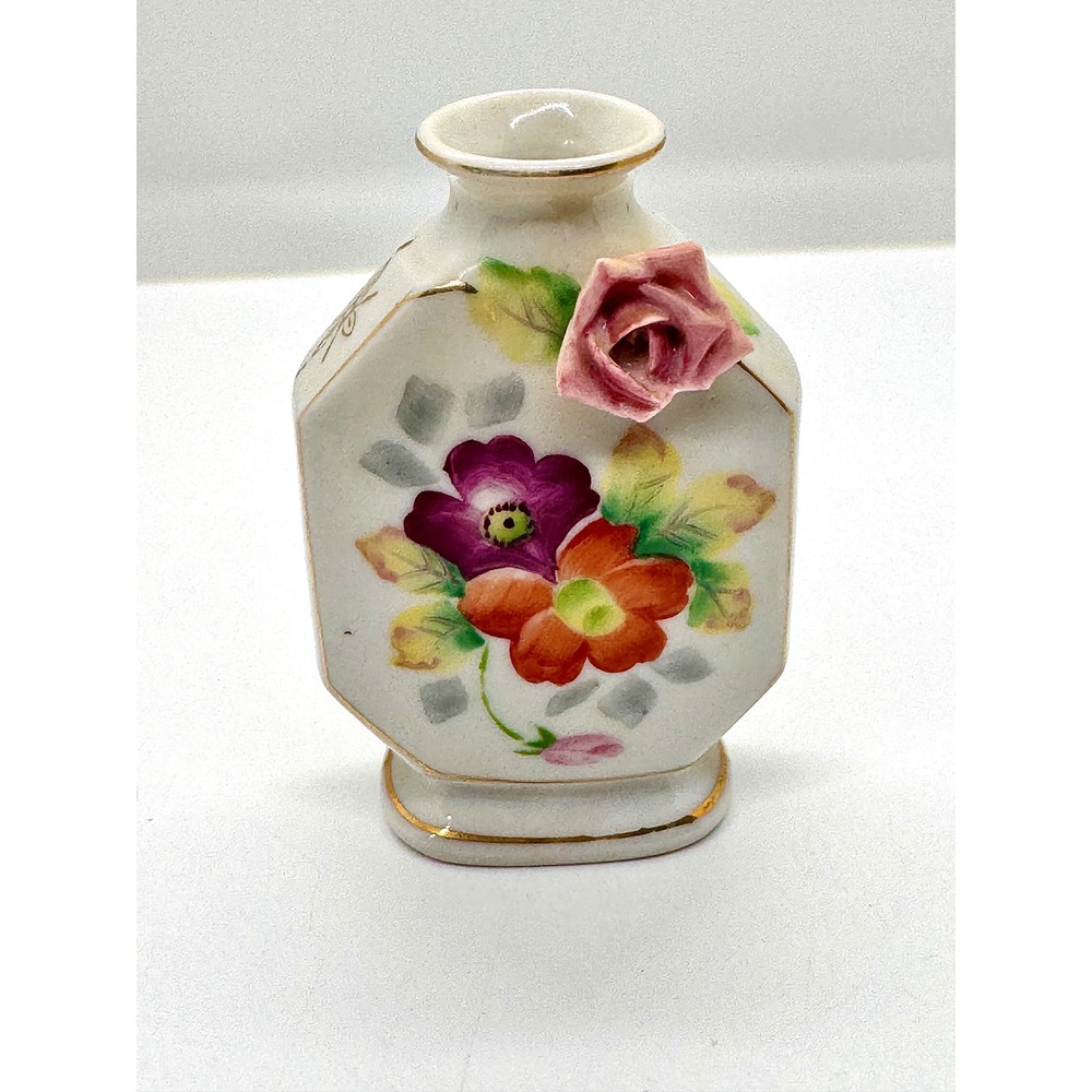 Meiko China Occupied Japan Bud Vase Vintage 3D Rose Floral Gold Trim MK Mini